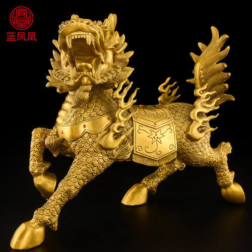 铜麒麟摆件一对公母黄铜火麒麟财客厅办公室纯家用聚宝盆麒麟大号