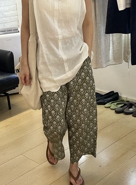 超薄面料松紧腰复古花色宽松凉快防晒慵懒奶奶裤休闲九分裤