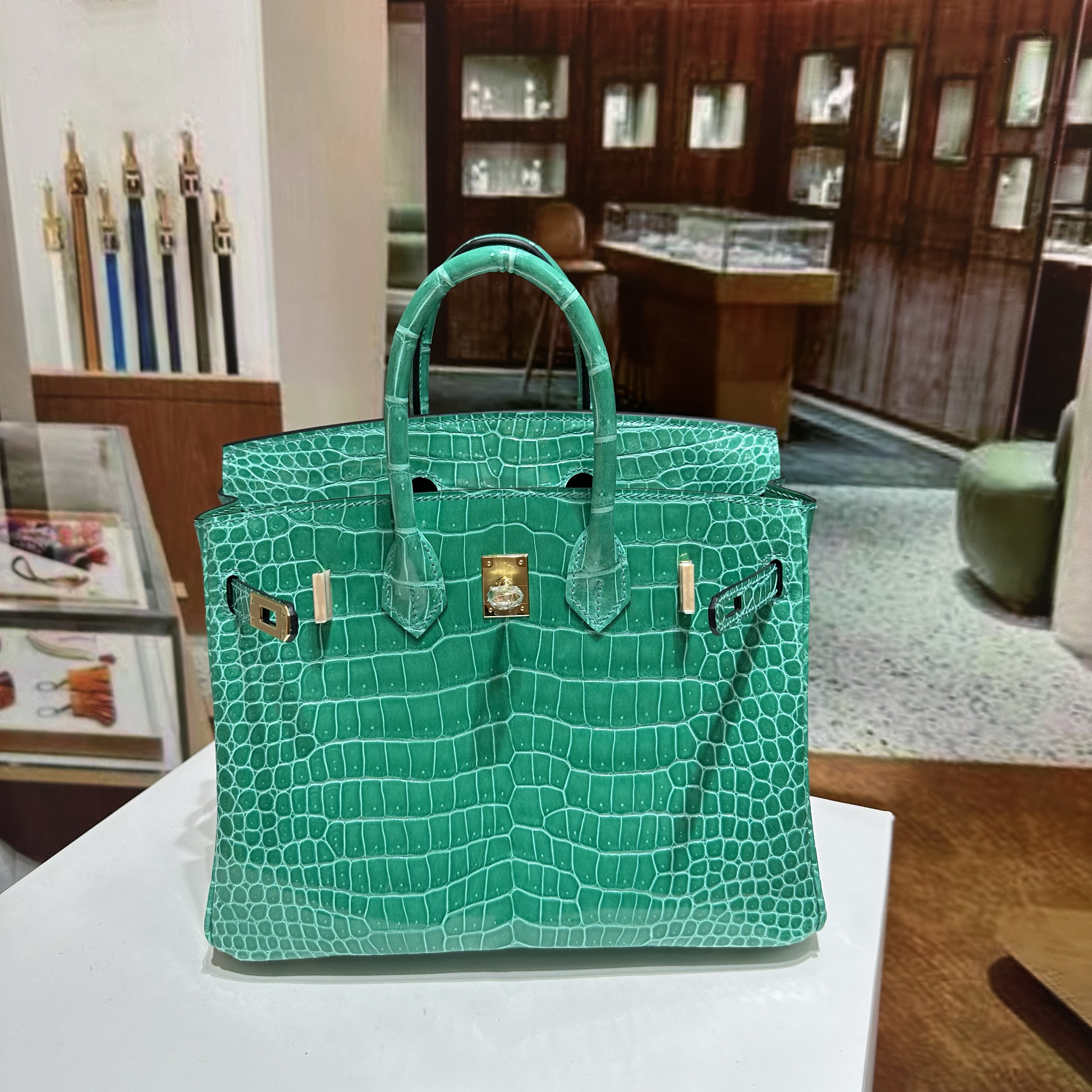 帝王绿色进口hcp湾鳄25cm鳄鱼皮亮面H女手提包铂金包纯手工