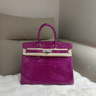 天方夜谭紫35cm进口hcp湾鳄亮面铂金包三张皮纯手工缝制手打钉