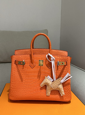 美洲鳄铂金包25cm进口高光鳄鱼皮女包手提包BK纯手工三张皮橙色