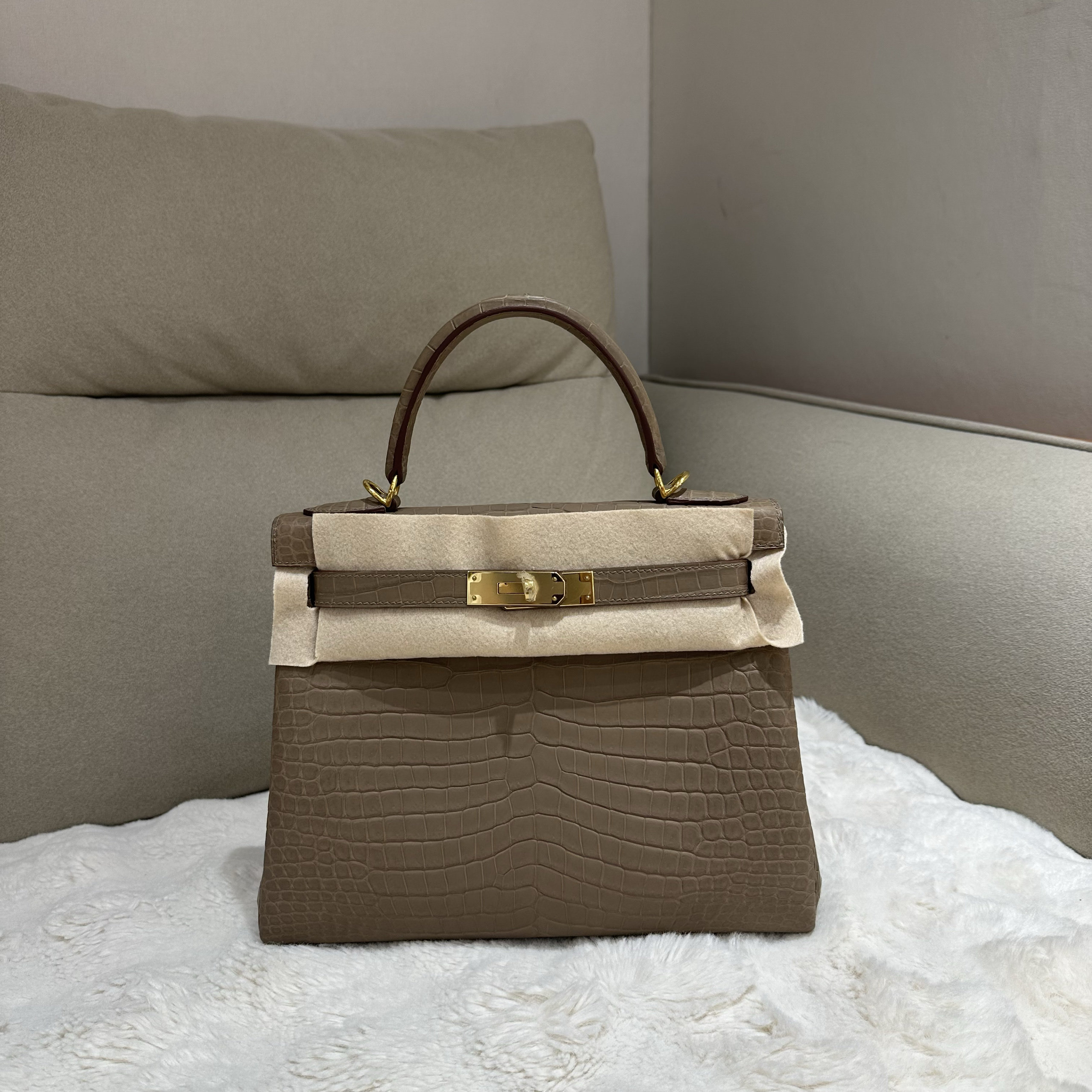 凯莉包28cm进口湾鳄鱼皮雾面三张皮纯手工缝制手提单肩斜挎包女包
