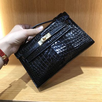 进口亮光鳄鱼肚皮女款手夹包鳄鱼皮女包mini款全真皮包尺寸22包邮