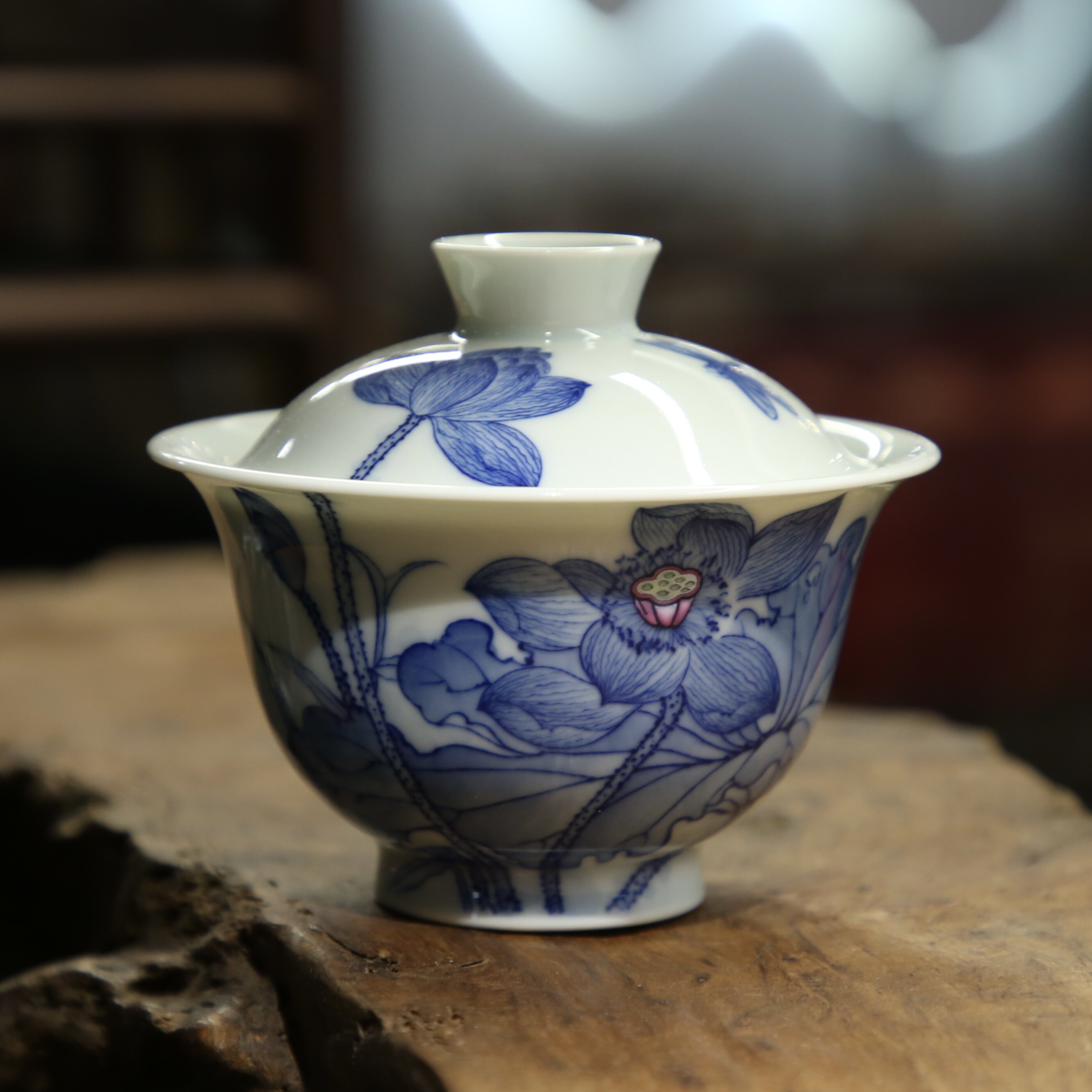 茗缘居 禄意窑青花斗彩荷花纯手工陶瓷二才盖碗景德镇仿古泡茶碗