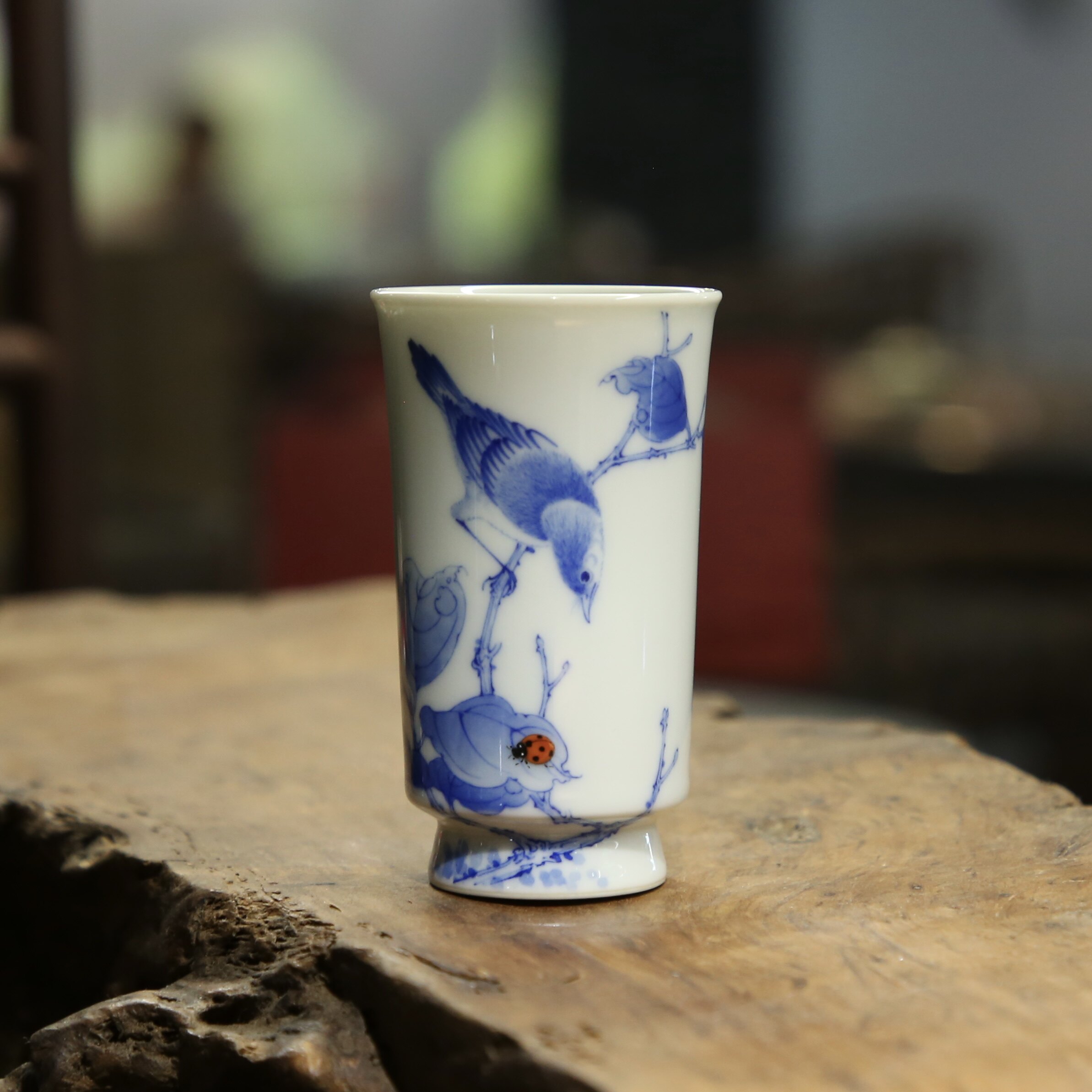 茗缘居 禄意窑青花花鸟高脚聚香杯全手工陶瓷功夫茶具茶杯品茗杯