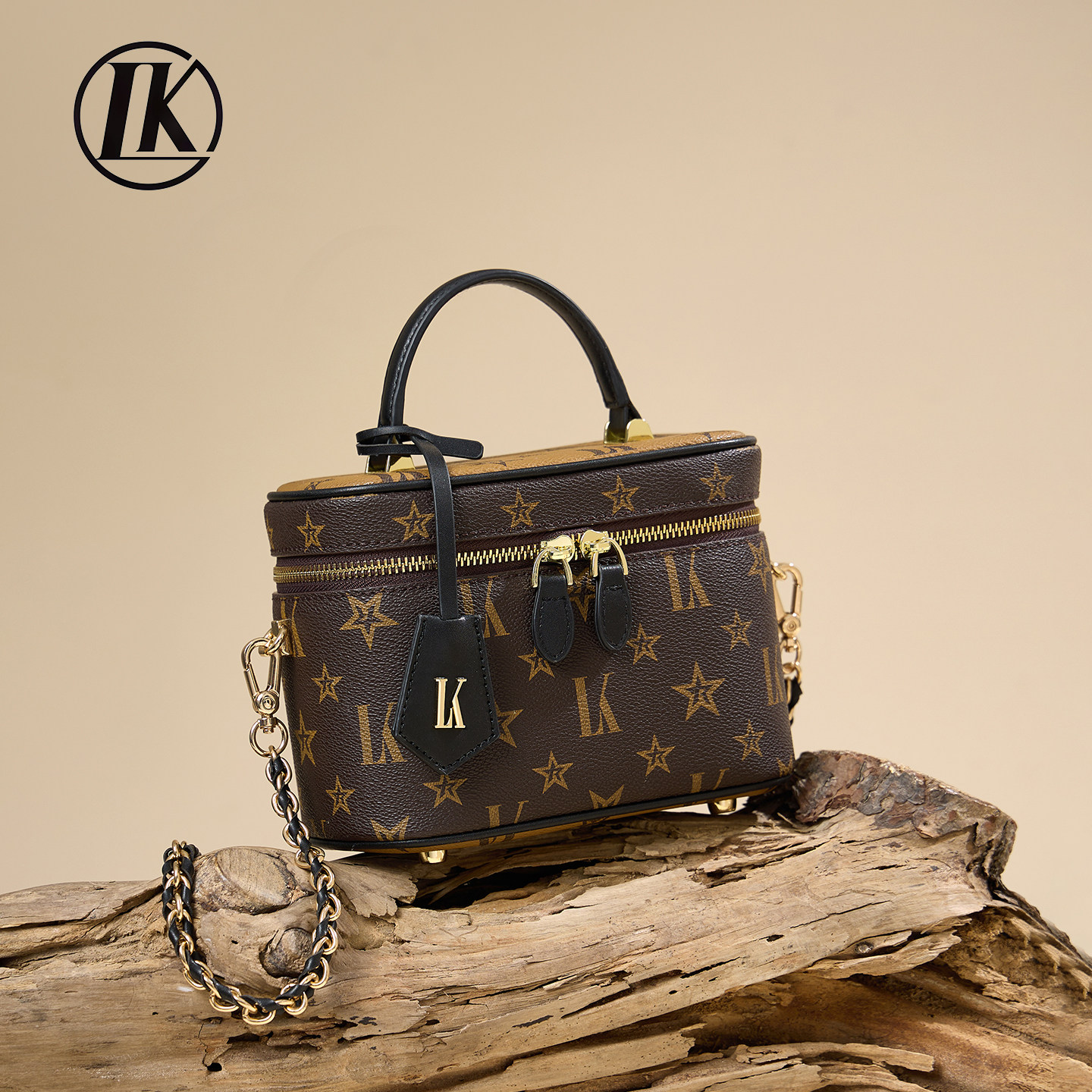 LK轻奢盒子包女2025新款小众老花印花斜挎包高级感手提包个性女包