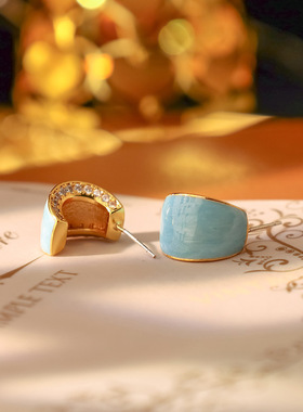 蓝色珐琅镶钻半圈c型耳钉2025新款爆款耳环高级感耳饰品s925银针