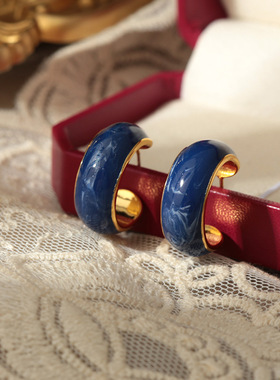 克莱茵蓝色耳环女2025新款爆款小众独特气质C型耳钉s925银针耳饰