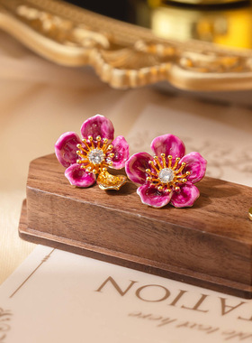 紫色珐琅花朵耳钉轻奢高级感AB款不对称耳环时尚百搭耳饰s925银针