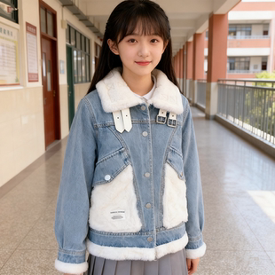 女童外套2026新款今年流行爆款中大童加绒加厚羊羔毛超好看牛仔衣