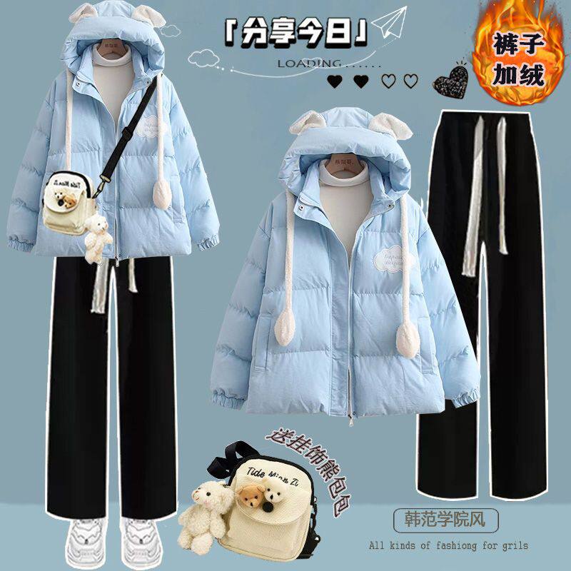 女童深秋初冬外套二棉2024新款冬季加绒加厚套装中大童羽绒棉服潮