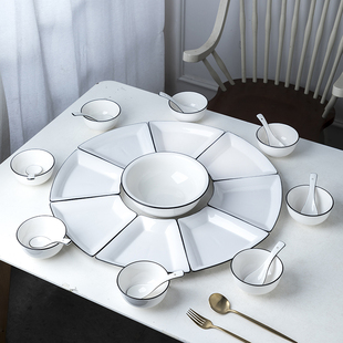 餐盘扇形分格盘创意火锅家用陶瓷大团圆拼盘创意圆桌水果盘圆桌盘