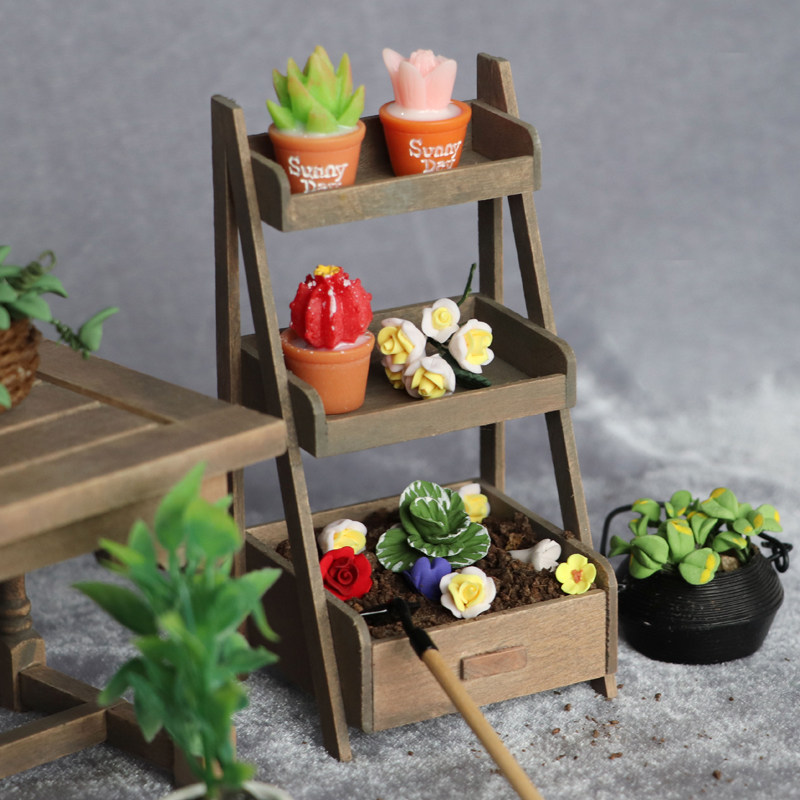 1:12娃娃屋dollhouse迷你家具模型微场景三层置物架抽屉仿旧花架