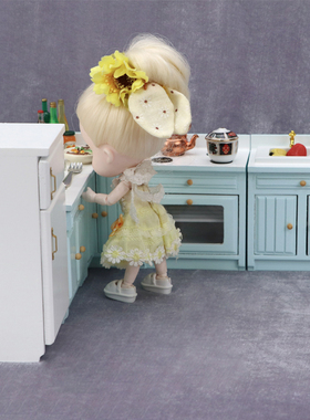 1:12娃娃屋dollhouse迷你家具厨房微场景家具套装蓝色灶台洗菜台
