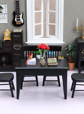 1:12娃娃屋dollhouse餐厅微场景模型迷你餐桌食玩黑色桌椅5件套