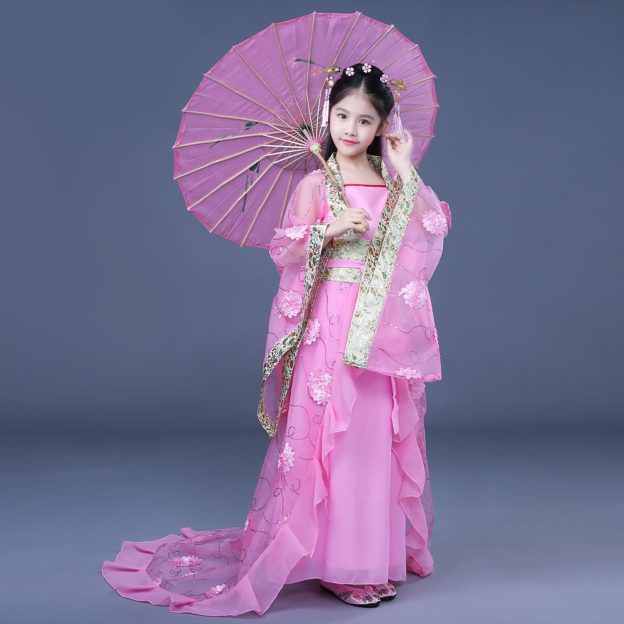 新款儿童古装仙女贵妃拖尾唐朝公主汉服古筝舞蹈cos摄影演出服