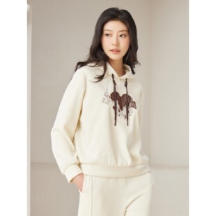 杨门秋冬新款米白重工刺绣连帽卫衣女宽松休闲百搭长袖套头上衣女