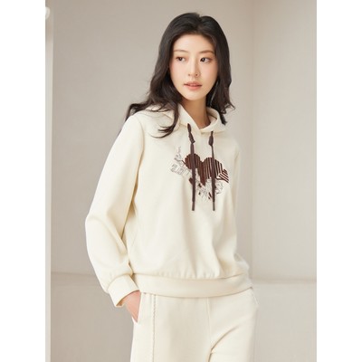 杨门秋冬新款米白重工刺绣连帽卫衣女宽松休闲百搭长袖套头上衣女