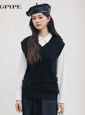 风笛 2024冬羊毛马甲针织衫感V领无袖叠穿背心上衣女1E45620原999