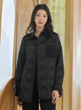 杨门秋冬新款格纹绗缝翻领外套衬衫女宽松百搭中长款棉服外套女