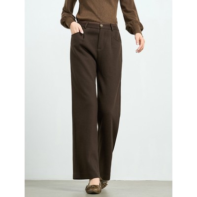 杨门通勤风高腰显瘦磨毛加厚直筒阔腿裤女冬季新品咖啡色休闲裤女