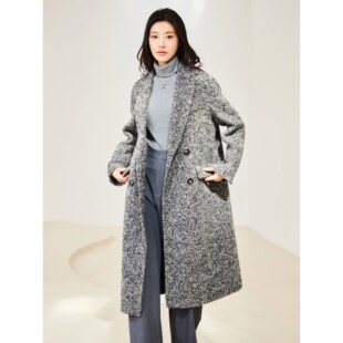 杨门老钱风灰色粗花呢长款双排扣长款大衣女气质通勤双面呢外套