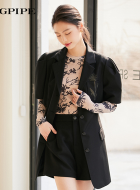 风笛 2023秋连衣裙开口西装式五分泡泡袖收腰A字裙1B35144原1199