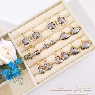 宋锦DIY葫芦耳钉银杏叶耳环扇形耳饰水钻方形耳坠中式底托包布