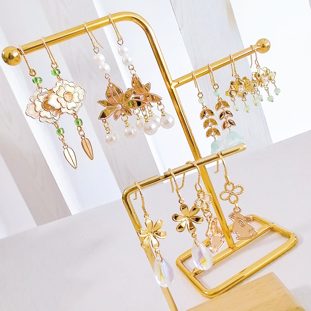 古风新中式花瓣耳环国风小兔莲花耳钩螺钿底胚DIY材料配饰耳饰