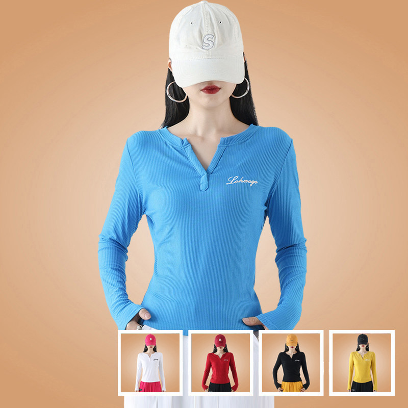 广场舞服装新款小V领上衣女秋季健身跳操服运动长袖T恤纯棉打底衫