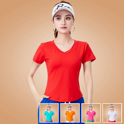 杨丽萍广场舞服装纯棉V领短袖上衣运动健身操跳舞t恤舞蹈服套装女