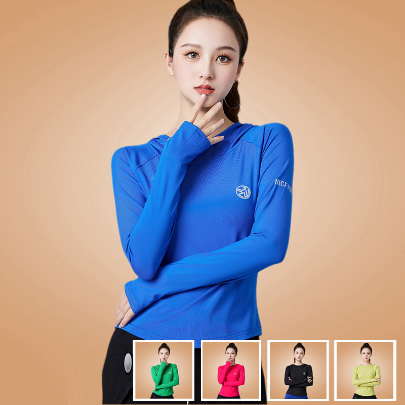 修身速干长袖广场舞上衣女户外健身运动T恤跑步连帽体操练功服装