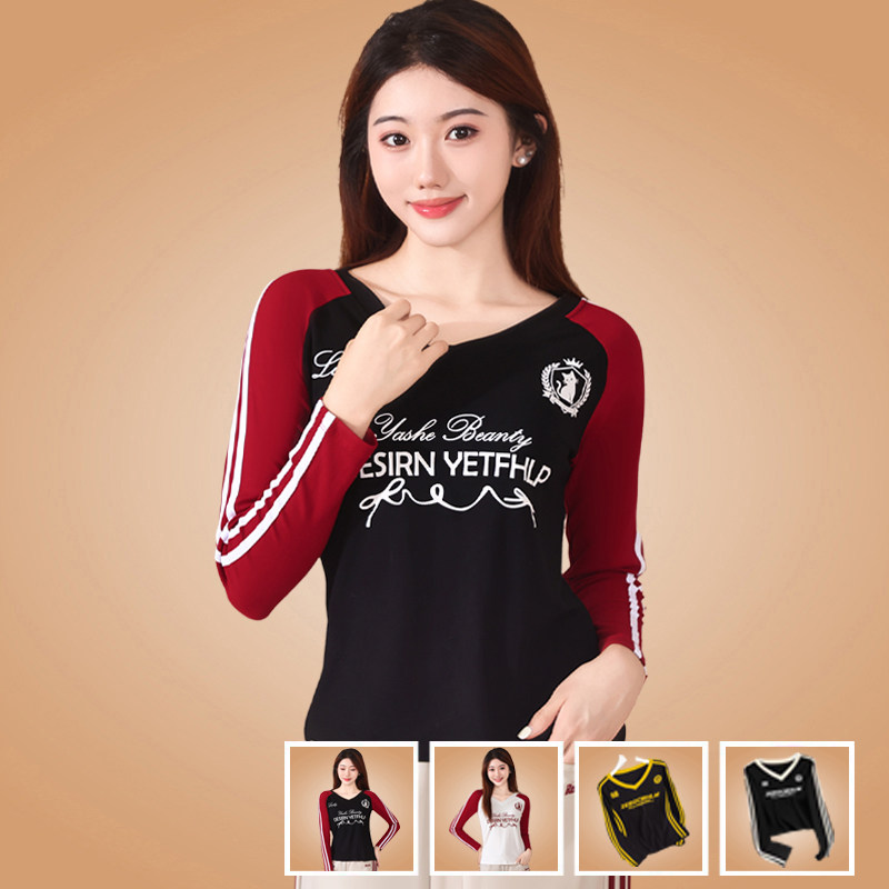 广场舞服装新款上衣女秋季健身跳操运动长袖T恤拼色V领纯棉打底衫