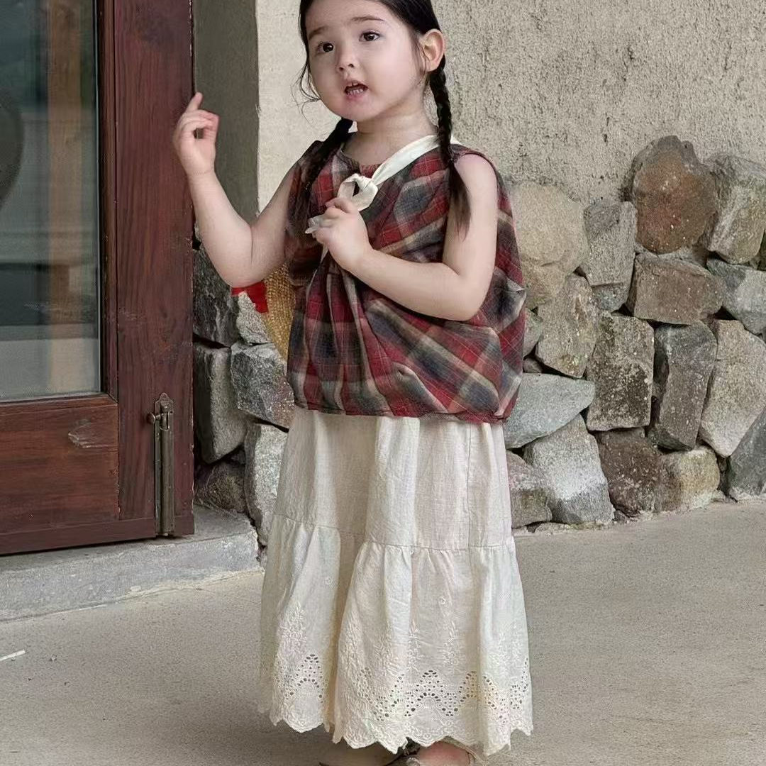 女童夏款韩版格子背心衣半身裙套
