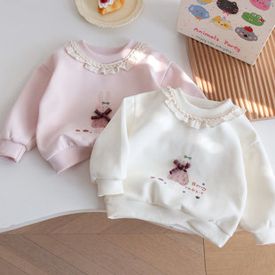 女童甜美风蕾丝花边领卫衣春秋卡通印花长袖上衣可爱