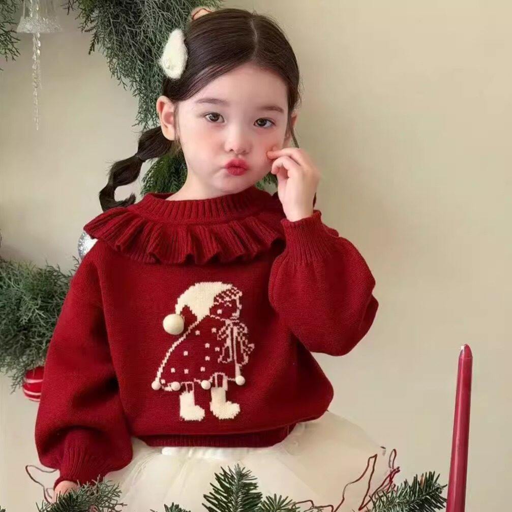 女童红色圣诞老人加厚套头毛衣