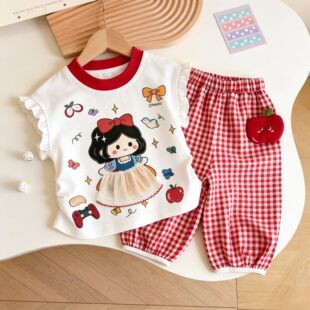 2026新款女童夏季卡通白雪公主两件套可爱甜美短袖T恤格子裤套装