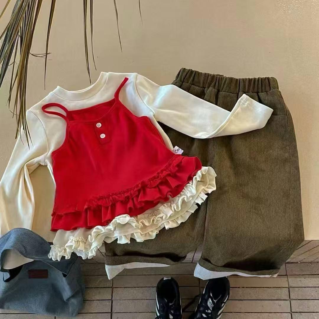 女童春装套装2025新款儿童时尚设计感花边长袖t恤上衣两件套
