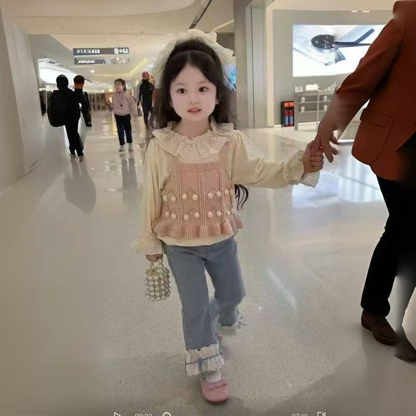 女童小香风韩版三件套2025新款洋甜美针织马甲花边娃娃领衫牛仔裤