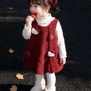 女童连衣裙冬装洋气女宝宝周岁礼服拜年服儿童公主裙套装加绒裙子