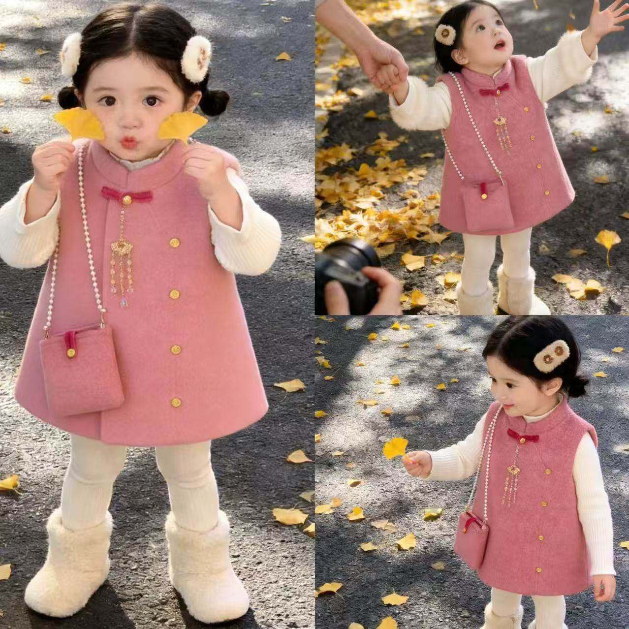 小香风女童呢子背心裙套装秋冬加绒双排扣洋气休闲两件套