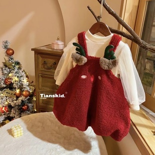 裙可爱洋气加绒两件套女宝宝新年酒红色连衣裙新 套装 圣诞节