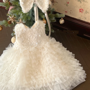 女童白色蛋糕裙韩版网纱蓬蓬裙秋冬加绒生日礼服公主连衣裙