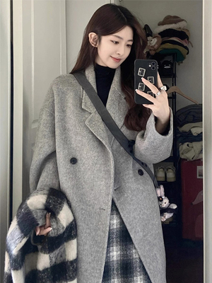 灰色毛呢外套女2024年新款秋冬装韩系小个子高级感中长款呢子大衣