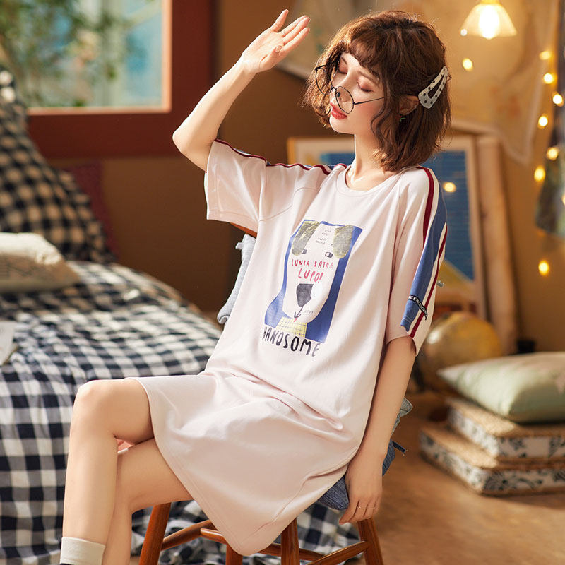 俞兆林睡裙女夏季学生家居服可爱薄款可外穿短袖中款宽松棉质睡衣