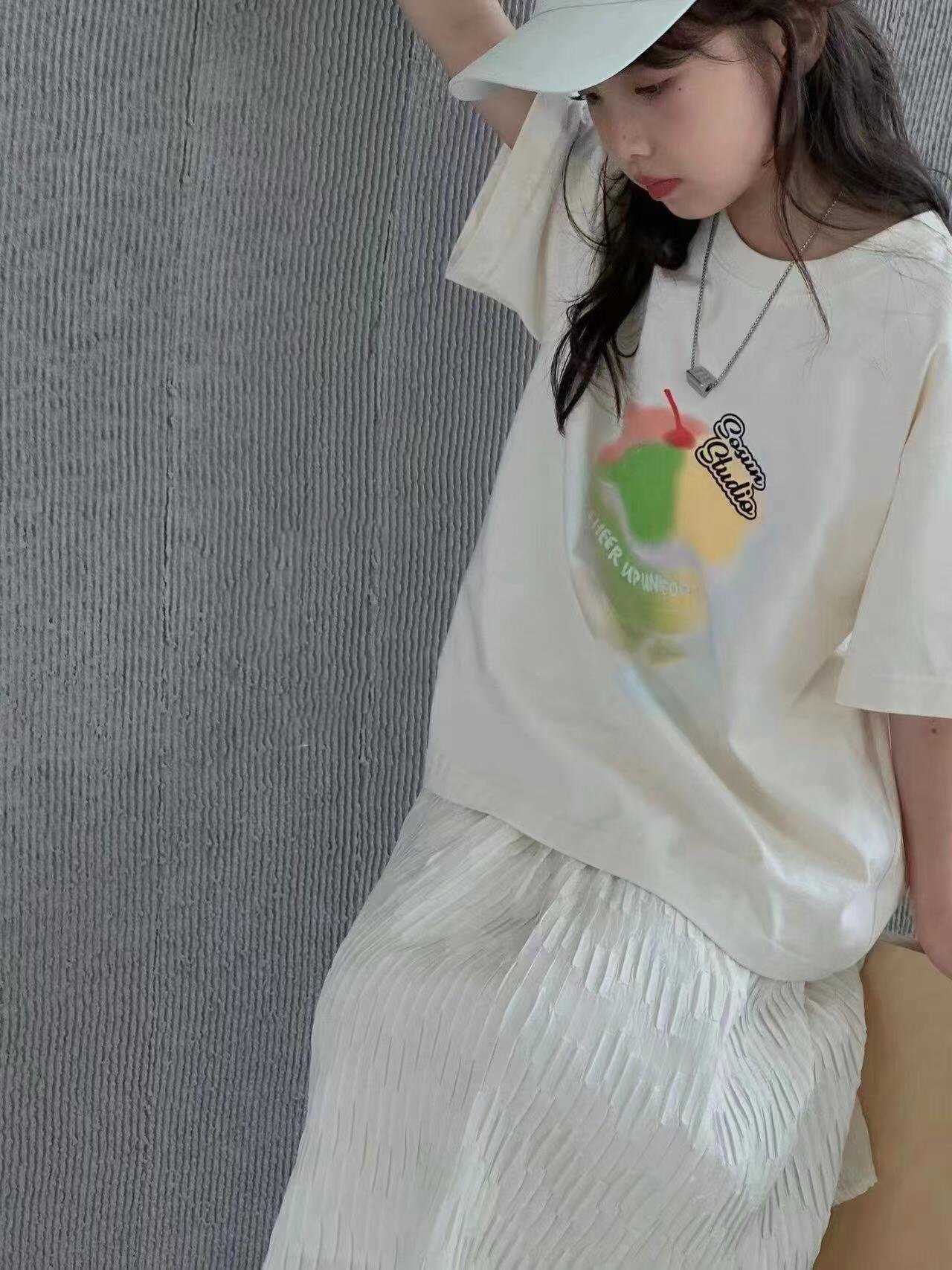波拉童装2024春款女童中大童甜美可爱宽版休闲纯棉短袖T恤亲子