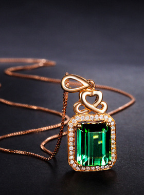 欧美高端珠宝女士仿真祖母绿碧玺几何形硞石镶钻吊坠镀玫瑰金项链