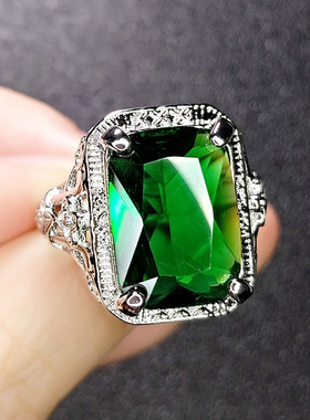 欧美女士珠宝大颗粒方形仿祖母绿碧玺鸽血红宝石硞石镶钻镀金戒指