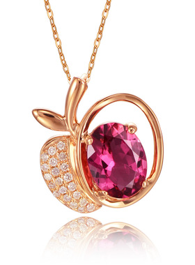 欧美高端珠宝少女气质仿真红碧玺苹果造型吊坠镀玫瑰金甜美项链