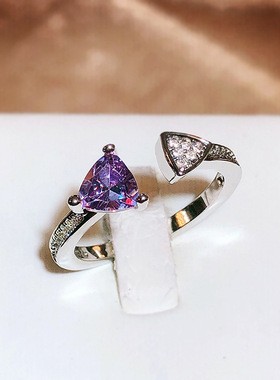 欧美高端珠宝不规则爱心仿紫水晶三角形锆石镶钻镀白金开口戒指